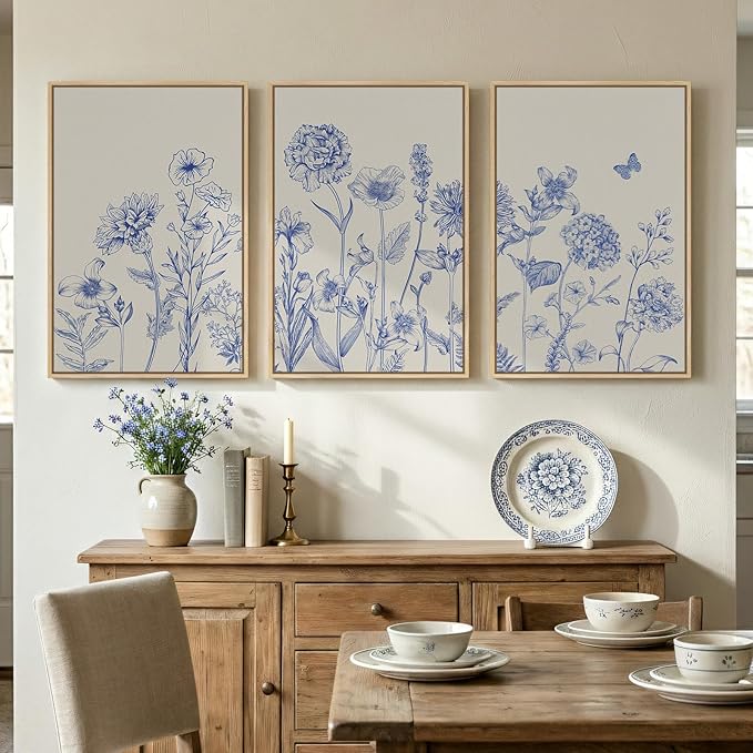 Framed Neutral Chinoiserie Blue Botanical Wall Art, 3 Piece Minimalist Floral Canvas Artwork for Modern Farmhouse, Flower Painting Prints for Living Room Bedroom Kitchen Office Dining Room, 20x30 In