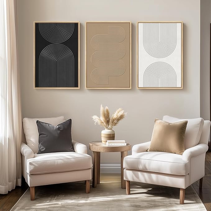 3D Textured Framed Boho Neutral Abstract Wall Art for Bedroom Decor, 3 Piece Modern Artwork for Walls, Black White Brown Minimalist Geometric Paintings for Living Room, Dining Room Wall Decor 16x24 In