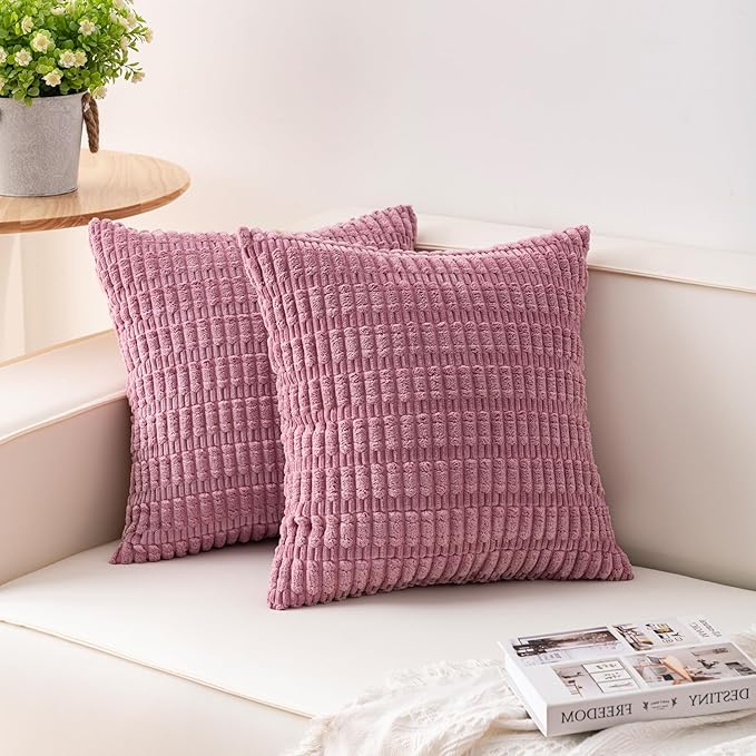 Aegero Pack of 2 Corduroy Decorative Throw Pillow Covers 20x20 Inch Soft Striped Pillow Covers Modern Farmhouse Home Decor for Sofa Living Room Couch Bed（Pink）