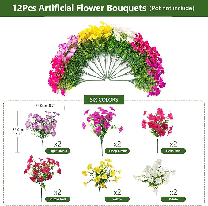 INQCMY Artificial Fake Flowers for Outdoor Spring Decoration,12 Bundles Faux Silk Colorful Morning Glory with Eucalyptus UV Resistant Realistic Fake Plants for Outside Planter Porch Patio Yard Garden