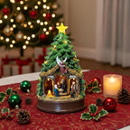 Christmas Tree Lighted Animated Rotating Adoration of The Magi Nativity Manger Scene, Musical Creche With Barn Animals Figurines LED Lights, Home Decor Gifts Festive Holiday Tabletop Decorations