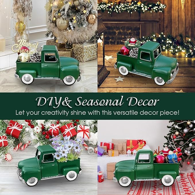 Farmhouse Green Truck Decor, Metal Pickup Trucks Planter, Vintage Old Truck Desktop Storage Car Model for Home Indoor and Outdoor Table Center Decor