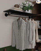 Clothes Rack 42in, Wall Mounted Garment Rack with Real Black Wood Shelf, Heavy Duty Hanging Clothes Rack, Multi-Purpose Hanging Rod, Space-Saving Closet Storage