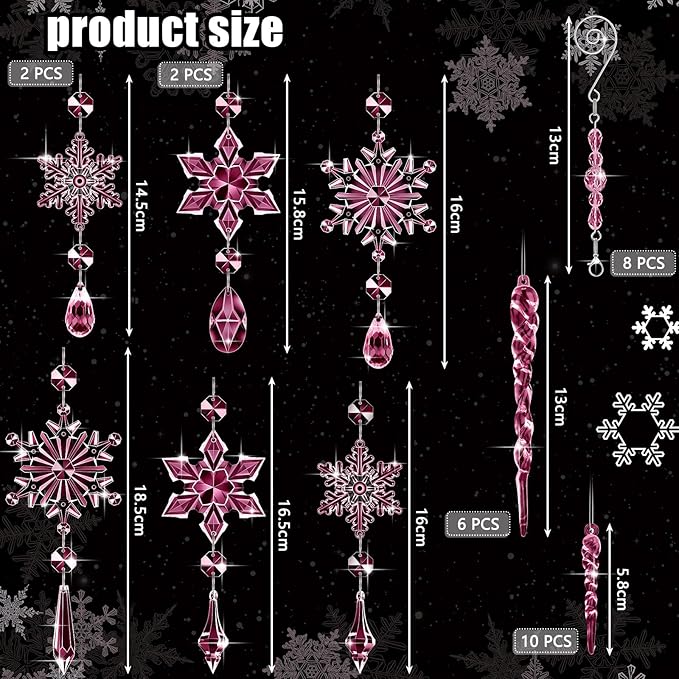 Giegxin 32 Pcs Crystal Christmas Ornaments Crystal Hanging Snowflakes Acrylic Xmas Tree Icicle Drop Decorations with Hooks for Christmas Snow Party Winter(Pink)