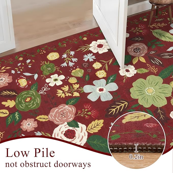 U'Artlines 6x9ft Red Christmas Area Rug Floral Rugs for Living Room,Non Slip Washable Rug Indoor Low Pile Floor Red Carpet for Bedroom, Dining Room,Classroom,Farmhouse,Office