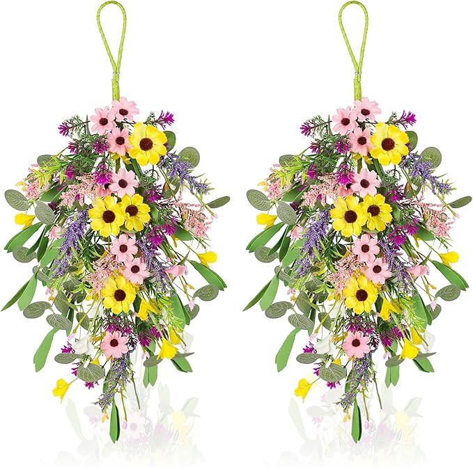 2 Pcs Spring Swags for Front Door, 23.6" Artificial Floral Teardrop Swags with Sunflowers Daisies Lavender, Spring Porch Decor Swag for Farmhouse Wall Window Cabinet Easter Decorations
