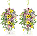 2 Pcs Spring Swags for Front Door, 23.6" Artificial Floral Teardrop Swags with Sunflowers Daisies Lavender, Spring Porch Decor Swag for Farmhouse Wall Window Cabinet Easter Decorations