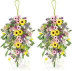 2 Pcs Spring Swags for Front Door, 23.6" Artificial Floral Teardrop Swags with Sunflowers Daisies Lavender, Spring Porch Decor Swag for Farmhouse Wall Window Cabinet Easter Decorations