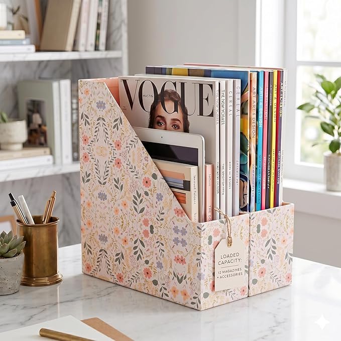 BLU MONACO | Cardboard Magazine File Holder Set of 4 | Standing File Holder with Floral Boho Design | Foldable Cardboard Bins for Shelves Desk Office Storage