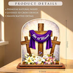 KATINAT He Is Risen Easter Decor Wooden Plaque – Christian Resurrection Cross Table Sign with Purple Cloth, Religious Easter Decoration for Home, Church, Christian Gift, Resurrection Sunday Decor