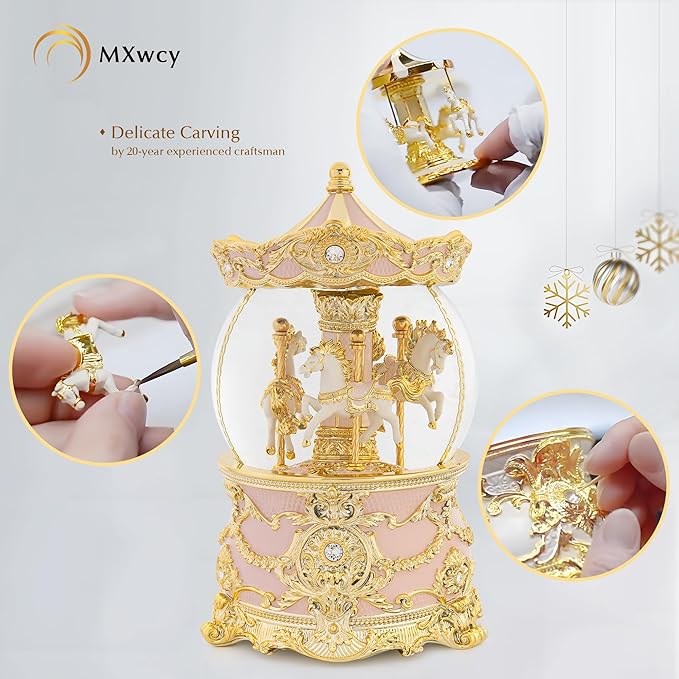 Carousel Music Box Gold & Pink Christmas Snow Globes, 8.3" Rotate Carousel Snow Globe for Kids & Adults, Classic Wind up Musical Snow Globe Valentines Day Gifts for Women Girls, Carousel Home Decor