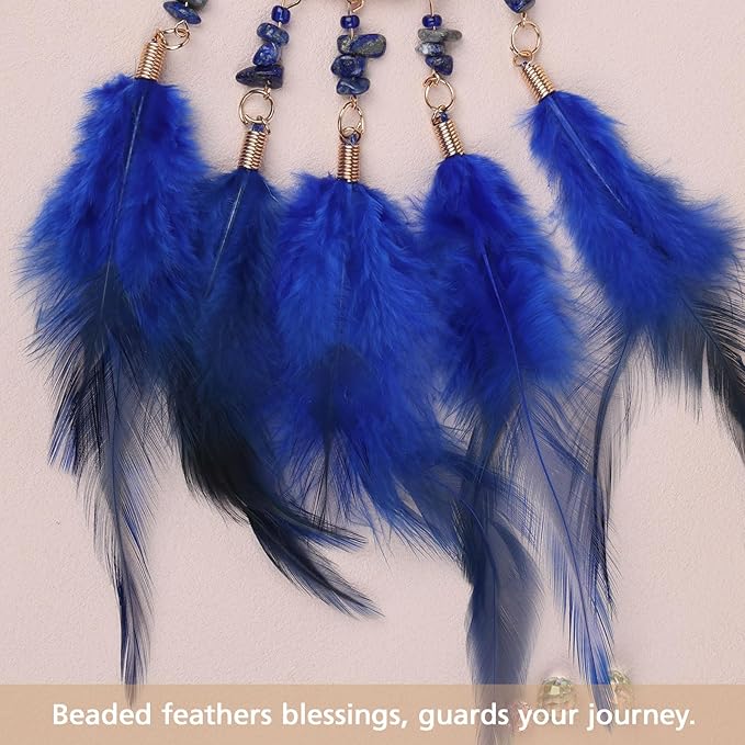 Pretty Jolly Small Tree of Life Crystal Stone Dream Catchers Deepblue Feathers Mini Dreamcatchers for Car Rear View Mirror Hanging Decoration Good Luck Travel Charm Bedroom Ornaments for Women Girls