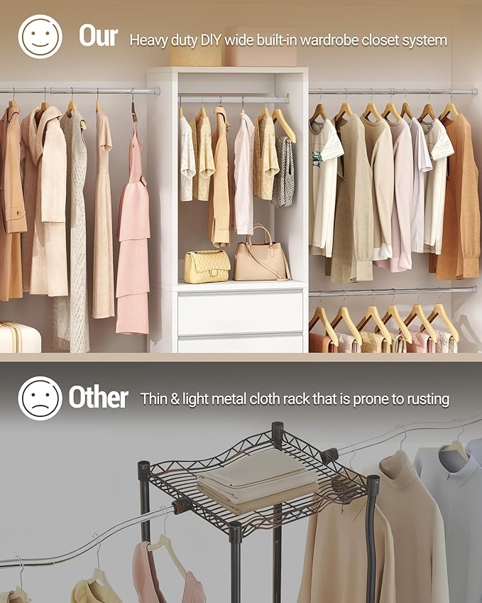 Closet System, Closet Organizer System with 4 Hang Rods, Walk-in Wooden Storage Systems with 2 Drawers & Shoe Cabinet, Fits Spaces 4-9.8FT, Wardrobe Clothes Rack Garment Rack, White MC00103E