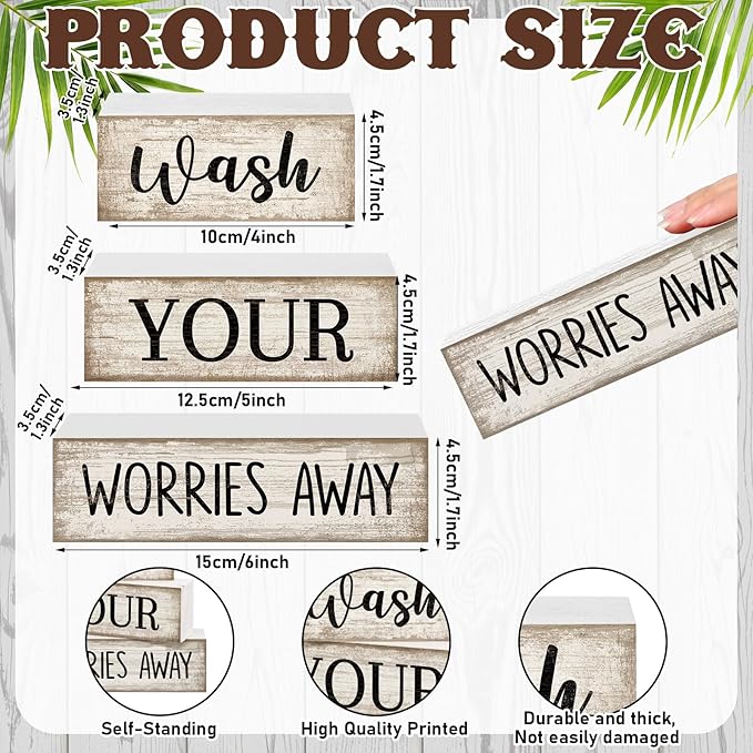 Moucuny 4 Pcs Farmhouse Laundry Room Decor Stacked Blocks Wash Your Worries Away Sign Funny Bathroom Shelf Decor and Accessories Rustic Eucalyptus Leaves Block Signs for Home Bathroom Toilet Washroom