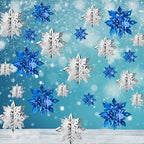 OuMuaMua Winter Christmas Snowflake Decorations Indoor, 36PCS 3D Silver Blue Snowflakes Christmas Hanging Ornaments for Home Xmas Holiday Winter Wonderland New Year Party Decor Supplies