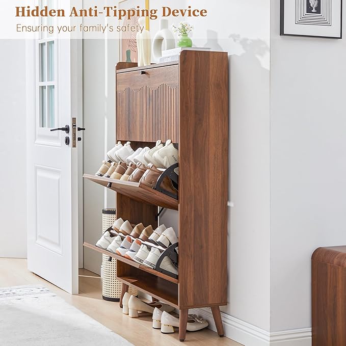 BERRYMERRY Shoe Storage Cabinet for Entryway with 3 Flip Drawers, 51.2” Tall Narrow Shoe Organizer with Wave Panel, Freestanding Wood Hidden Shoe Cabinet for Hallway