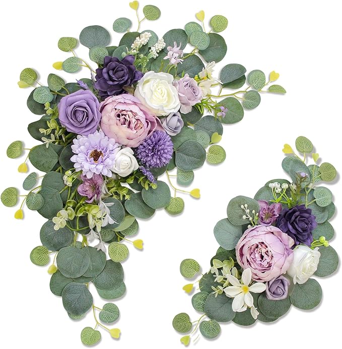 Odouzy Artificial Wedding Arch Flowers for Wedding Sign,Set of 2 for Wedding Welcome Ceremony Sign,Faux Floral Swags,Wedding, Banquet and Reception Backdrop Floral Decoration (Purple)
