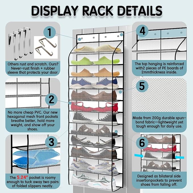 Over The Door Shoe Organizer with 12 Large Breathable Pockets - Durable Hanging Storage for the Entire Family's Shoes (White)