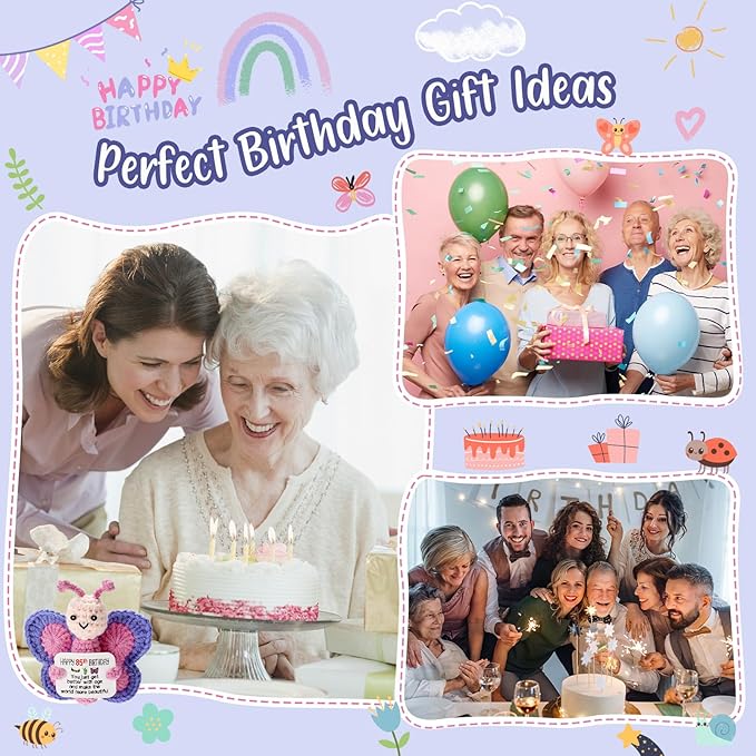 85th Birthday Gifts for Women, Tiny Crochet Butterfly Plush with Pink Purple Wings Holding Positive Note, Happy 85th Birthday Decoration & Gift for 85 Year Old Women