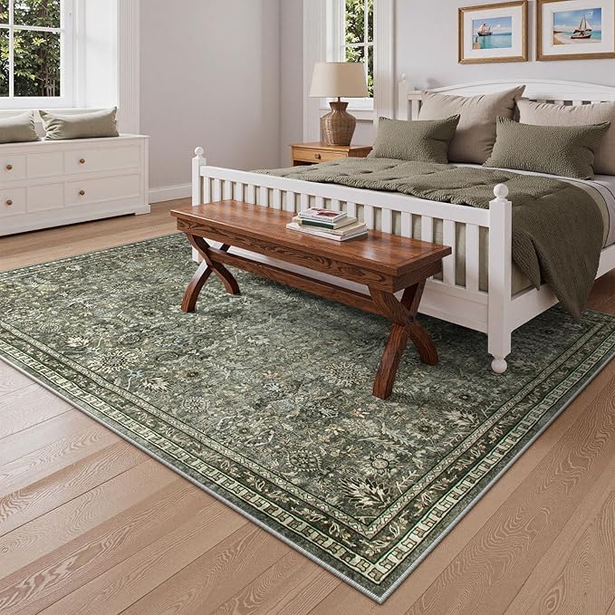 Lahome 5x7 Boho Bedroom Area Rug,Soft Vintage Washable Rugs for Living Room,Non Shedding Disdressed Floor Carpets for Home Decor Dining Room,Dark Olive Green