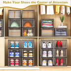 7 code Large Clear Shoe Boxes Organizer【Thicker Material】 Stronger Shoe Box with Magnetic Door, Stackable Shoe Storage Box for Closet, Foldable Space-Saving Storage Bins Shoe Cabinet, Black 9-Pack