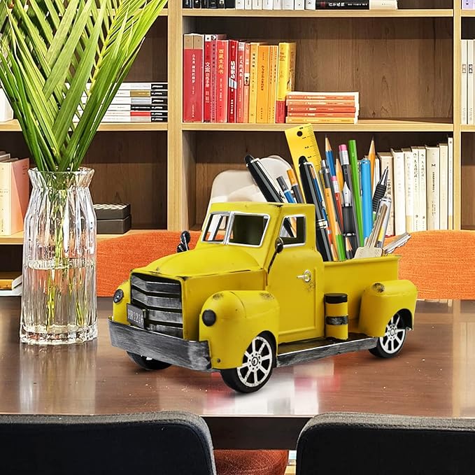 Metal Truck Decor with Artificial Flower Vintage Farm Pickup Farmhouse Tabletop Tiered Tray Decor, Rustic Farmhouse Decor for Table Top Decor Home Kitchen(Yellow)