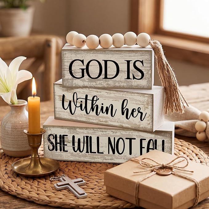 Lineshading 4 Pcs Christian Table Decor Rustic Wooden Block Sign Set with God Is Within Her She Will Not Fall Farmhouse Stacked Decor with Beaded Garland Tassel Christian Home Decors for Office, Shelf