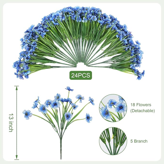 24 Bundles Artificial Flowers for Outdoor Faux Plants for Spring Summer Decoration, UV Resistant Realistic Silk Plastic Fake Flowers Garden Porch Patio Balcony Yard Front Home Decor
