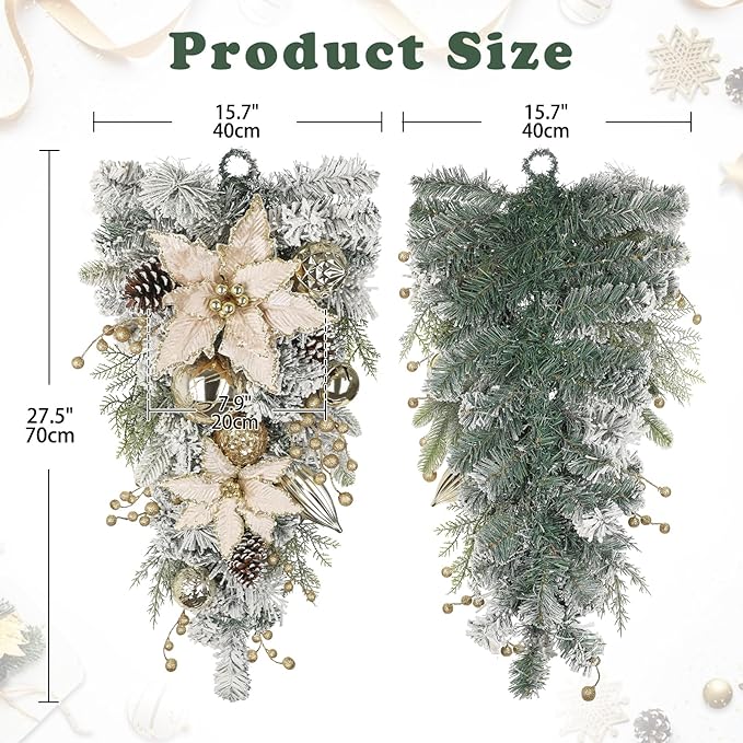 27.5" Artificial Christmas Teardrop Swag with Champagne Poinsettia, Pine Cones, Berries & Ornaments, White Cedar Branch Base for Christmas Thanksgiving Winter Holiday Front Door and Wall Decoration