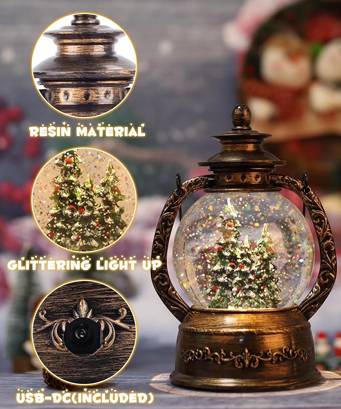 Christmas Tree Snow Globe Lantern-Glittering Light Up Musical Snow Globe Christmas Decorations, 6H Timer, USB & Battery Operated, Christmas Trees Indoor Home Décor
