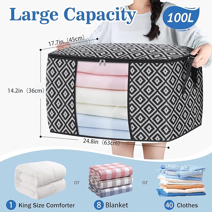 Direct 100L, 6 Pack, Storage Containers, Large Clothes Storage Bins Foldable Organization and Storage Bags with Reinforced Handle, Clear Window for Bedding, Blankets, Clothing, Black