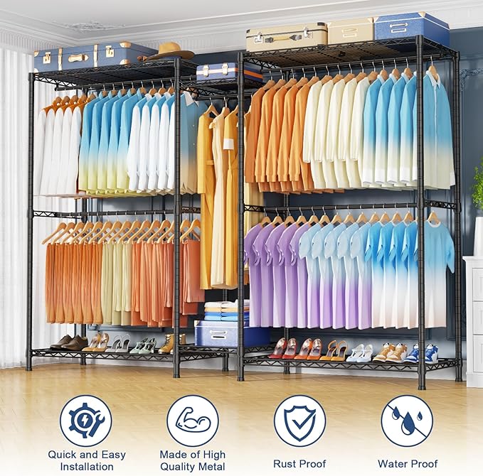 Ulif E12 Max Clothes Rack，Heavy Duty Freestanding Garment Rack with Shelves，Metal Clothing Closet Storage System for Hanging Clothes，83" W x 16" D x 76.5" H, Hold 1060 lbs，Black