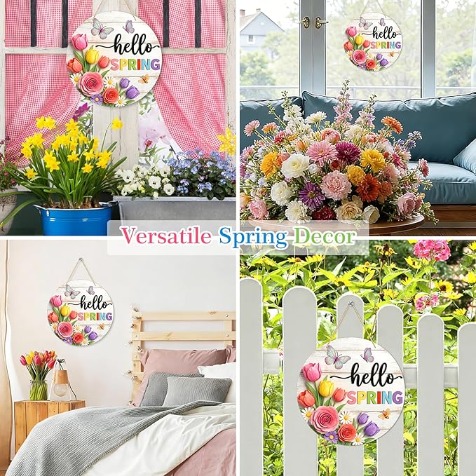 PETCEE Hello Spring Door Sign - 11.5" Welcome Spring Decor Front Door Signs with Floral Print Farmhouse Porch Sign for Home Wall Hanging Wreath Butterfly Bee Easter Indoor Outdoor Decorations
