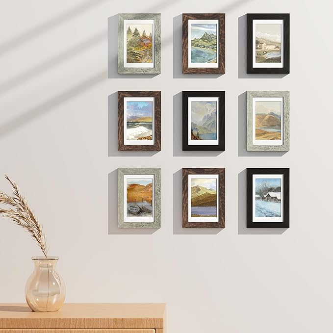 Vittanly 4x6 Picture Frames Set of 9, Display 3.5x5 Pictures with Mat or 4x6 without Mat, Photo Frames for Wall or Tabletop with Plexiglass, Engineered Wood, Black&Brown&Grey