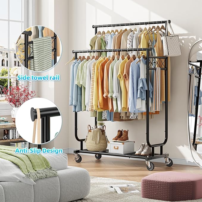 Heavy Duty Clothes Rack, Rolling Clothing Rack With Shelves Load 450 LBS, Double Rod Clothing Racks with Wheels for Hanging Clothes, Black