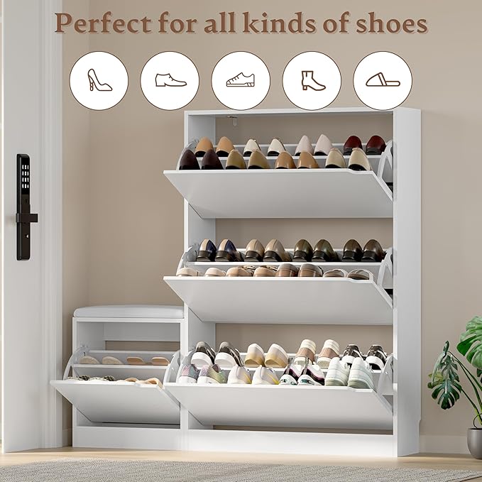 Shoe Cabinet with Bench and 3 Flip Drawers, Slim Narrow Shoe Storage Cabinet, Freestanding Shoe Rack Organizer with Adjustable & Removable Shelves, Anti-Tip for Entryway, Hallway, Foyer