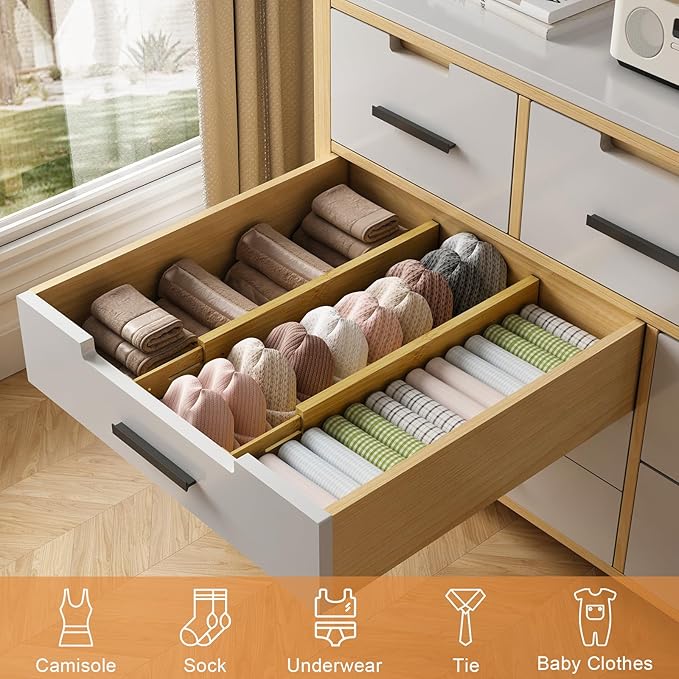 Bamboo Drawer Dividers,17-22" Adjustable Kitchen Drawer Organizer for Clothes,6 Pack Expandable Drawer Organization Separators for Bedroom,Bathroom,Dresser and Office,Natural