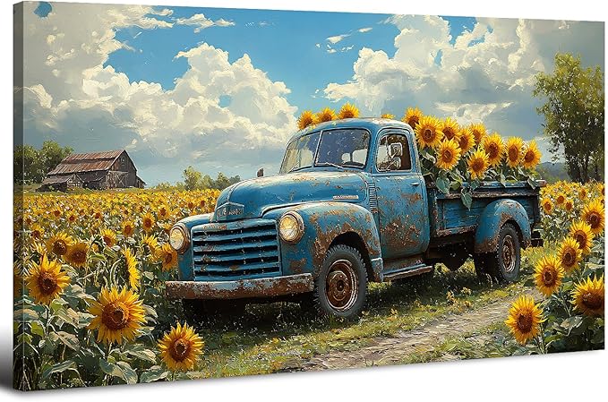 AIYISU Sunflower Wall Art Farmhouse Pictures Wall Decor Vintage Floral Prints Rustic Barn Truck Pictures Country Wildflower Canvas Painting Artwork for Bedroom Living Room Home Decoration 24x48