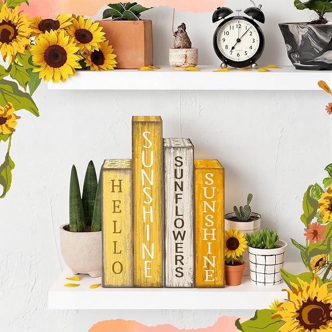 Lineshading 4 Pcs Summer Table Decoration Wooden Book Sunflower Decoration Yellow and White Summer Tiered Tray Decor Wood Book Sign Farmhouse for Home Shelf Coffee Table
