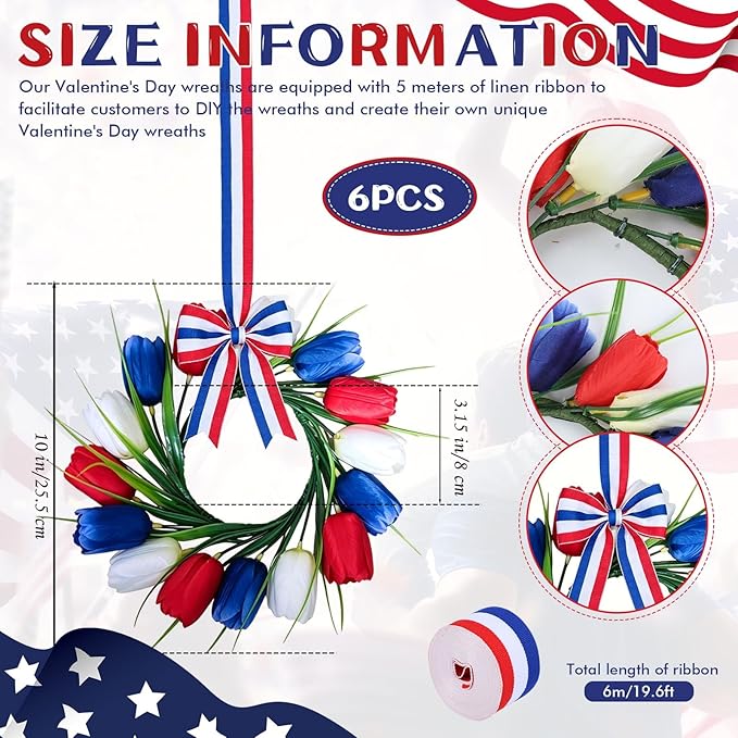 6 PCS 4th of July Hanging Wreaths for Cabinet Small Patriotic Tulip Silk Independence Day Wreaths for Front Door with Red White and Blue Flower Memorial Day Labor Day Candle Wreath for Home Wall Decor
