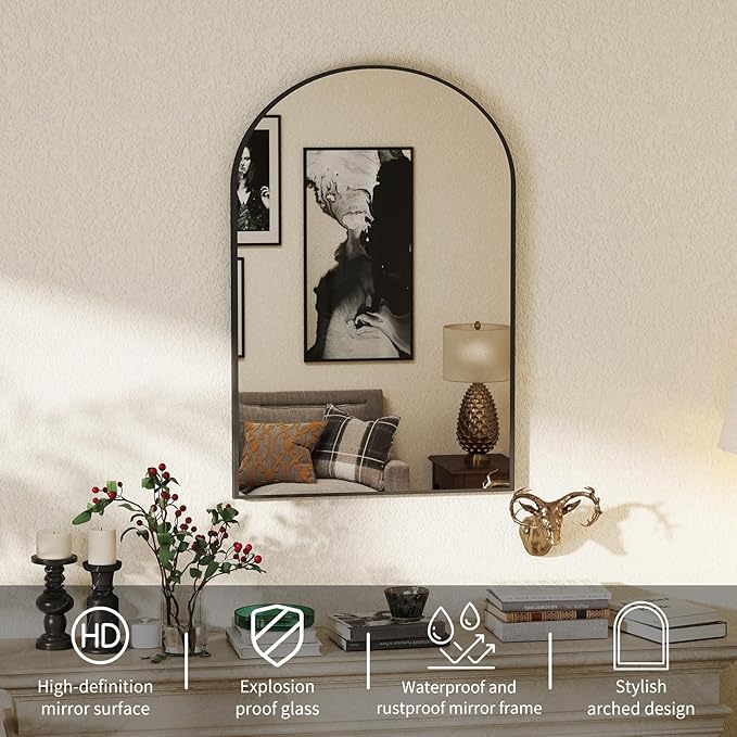 DUMOS Black Metal Arch Vanity Rounded Rectangle Bathroom Mirrors for Over Sink Wall, 24x37 Inch Large Matte Mirror, Modern Decorative for Restroom, Farmhouse