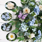 [Lighted & Timer] 24" Spring Summer Wreaths for Front Door Blue Hydrangea Wreath with Lights Butterfly Rose Daisies Artificial Floral Wreath for Home Wall Window Farmhouse Wedding Indoor Outdoor Decor