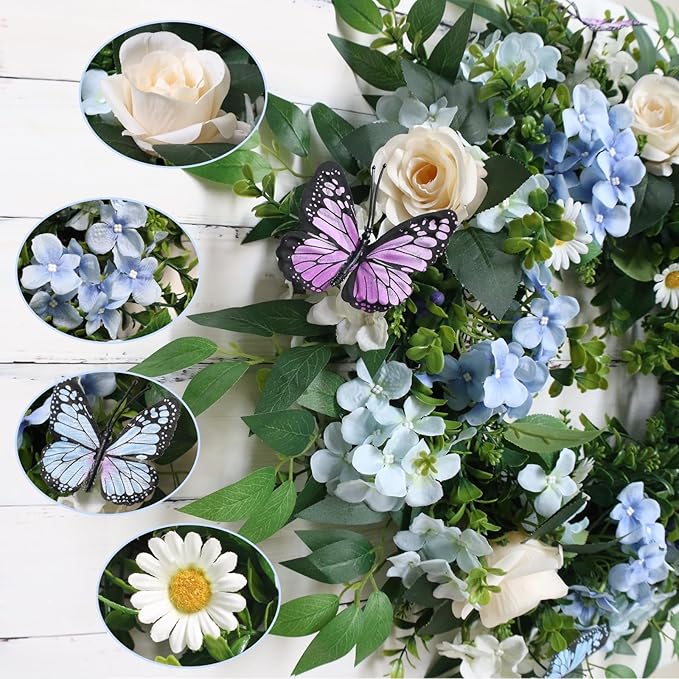 [Lighted & Timer] 24" Spring Summer Wreaths for Front Door Blue Hydrangea Wreath with Lights Butterfly Rose Daisies Artificial Floral Wreath for Home Wall Window Farmhouse Wedding Indoor Outdoor Decor