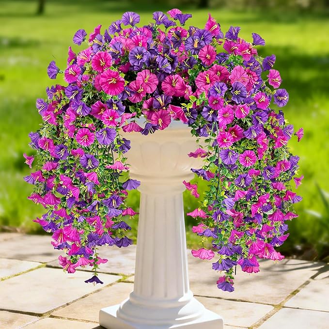 Artificial Hanging Flowers for Outdoors, 4 PCS UV Resistant Faux Plants Silk Realistic 150 Morning Glory Each Vines, Fake Plastic Floral for Garden Patio Spring Summer Decor, Fuchsia & LightPurple