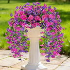 Artificial Hanging Flowers for Outdoors, 2 PCS UV Resistant Faux Silk 150 Morning Glory Each Trailing Vines, Fake Plants for Spring Outdoor Garden Planter Porch Patio Decoration, Fuchsia & LightPurple