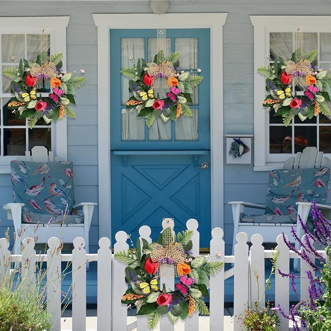 6 PCS Spring Lavender Tulips Hanging Wreaths for Kitchen Cabinets Artificial Small Floral Wreaths for Front Door with Butterfly Spring Summer Mini Wreath for Home Farmhouse Window Porch Wall Decor