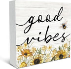 SRADMO Inspirational Bee and Sunflower Decor Wood Box Sign Desk Decor, Summer Rustic Wooden Block Box Sign Decoration For Home Office Shelf Table Decorative Accessories