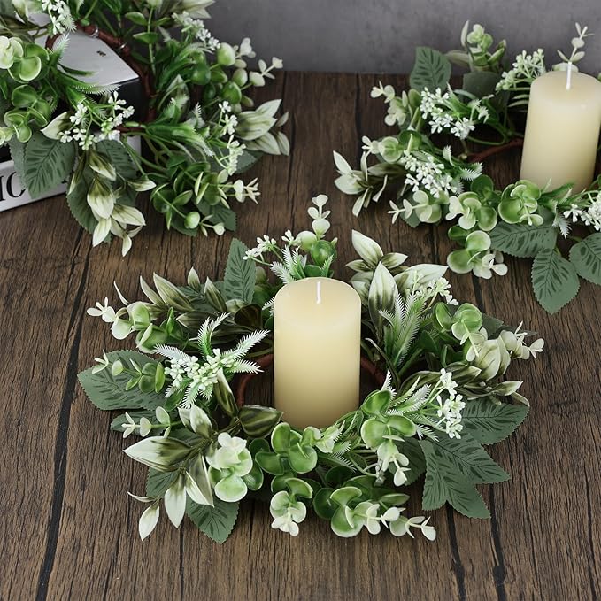 4 PCS Small Eucalyptus Leaves Cabinet Wreath Artificial Mini Spring Summer Greenery Kitchen Wreaths Vintage Swags Wreath with Retro Burlap Ribbon for Farmhouse Rustic Home Door Wedding Wall Decor