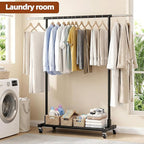 Luxspire Clothes Rack with Lockable Wheels, Simple Clothing Garment Rack with Storage Shelves, Hanging Racks for Clothes with Single Rods for Laundry Room, Balcony, Bedroom, Bathroom, Black