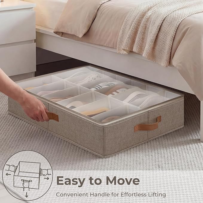 StorageWorks Shoe Organizer for Closet, Fits up to 24 Pairs, 2-Pack Ultra-thick Fabric Under Bed Shoe Storage Containers with Bottom Support and Adjustable Dividers, Taupe